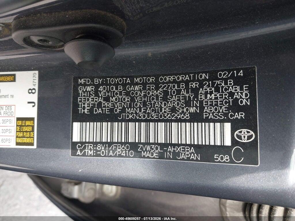 JTDKN3DU3E0362968 2014 TOYOTA PRIUS photo no. 9