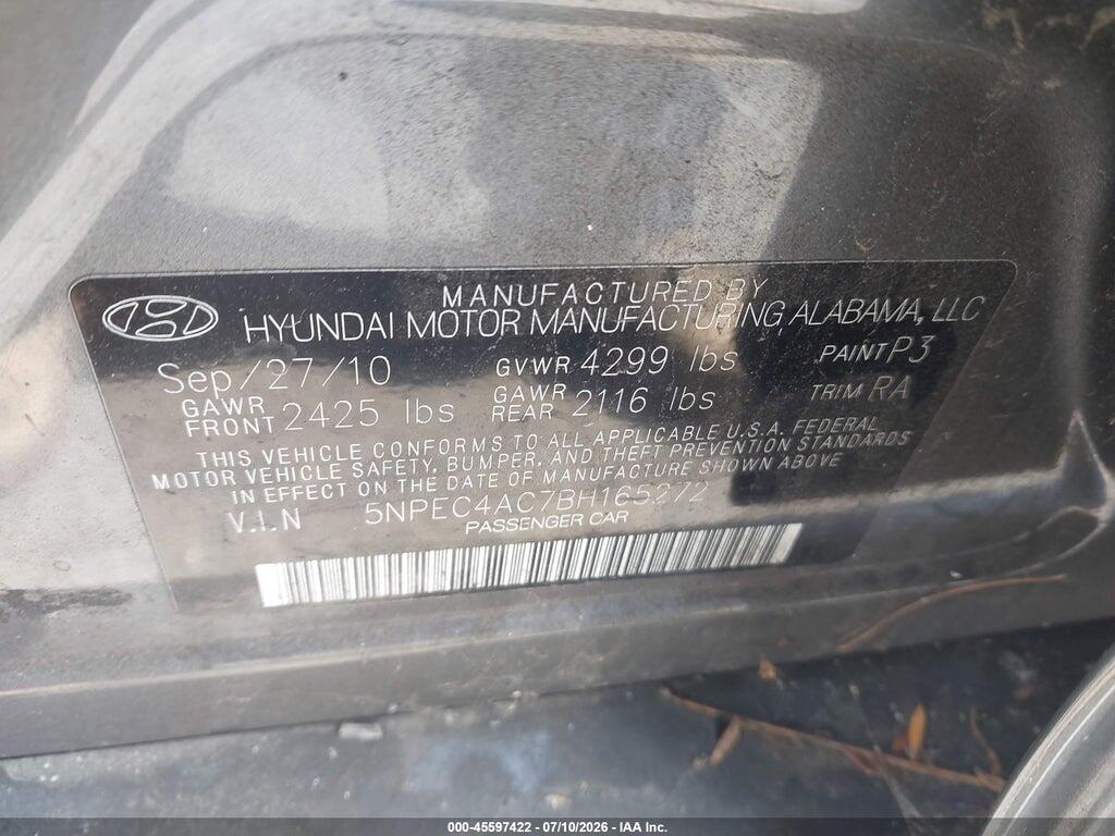 5NPEC4AC7BH165272 2011 HYUNDAI SONATA photo no. 9