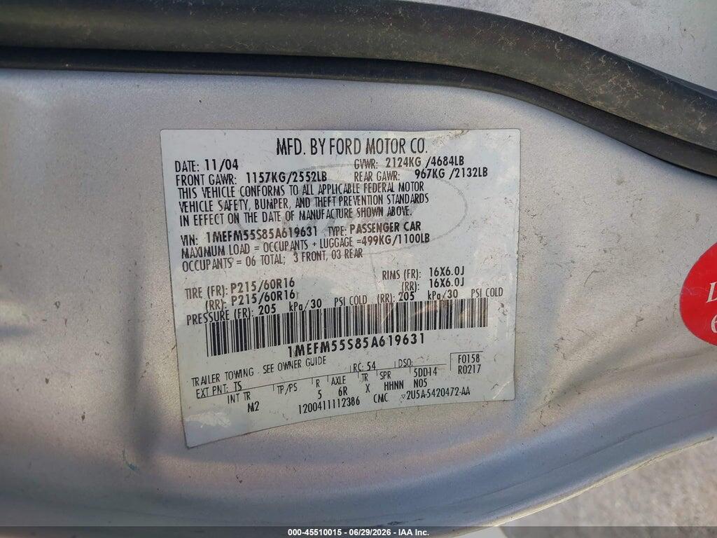 1MEFM55S85A619631 2005 MERCURY SABLE photo no. 9