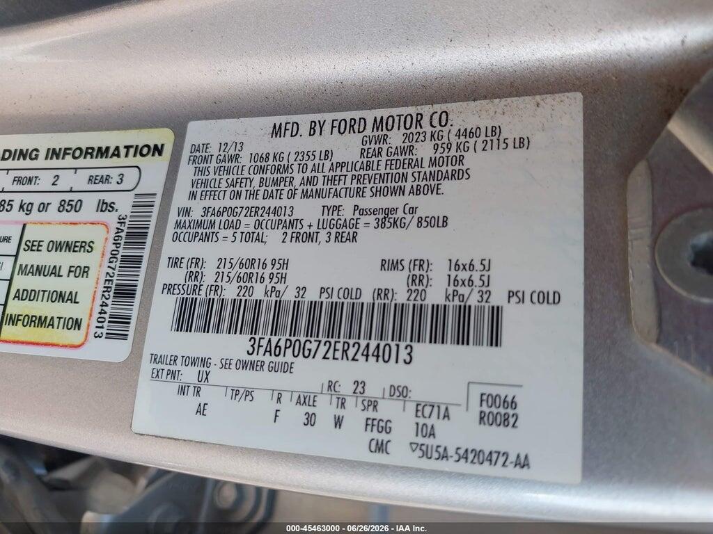 3FA6P0G72ER244013 2014 FORD FUSION photo no. 9