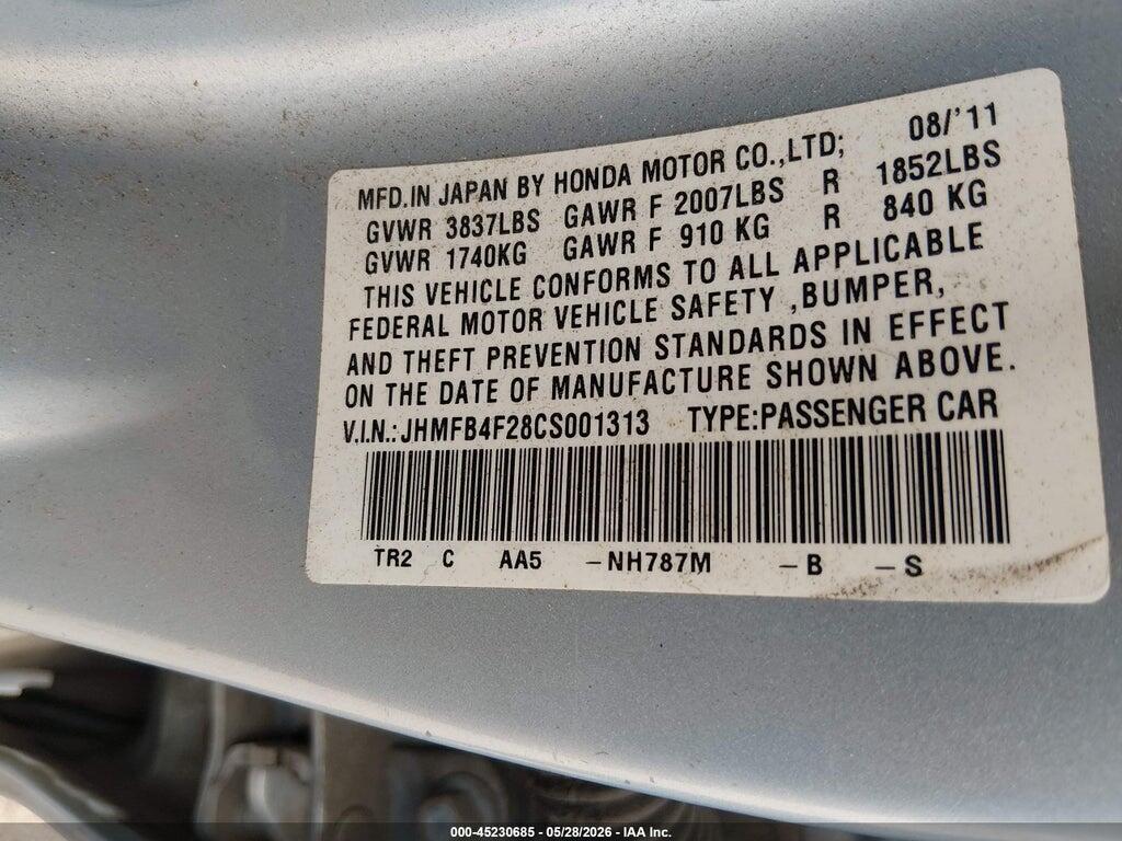 JHMFB4F28CS001313 2012 HONDA CIVIC HYBRID photo no. 9
