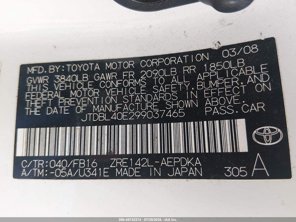 JTDBL40E299037465 2009 TOYOTA COROLLA photo no. 9