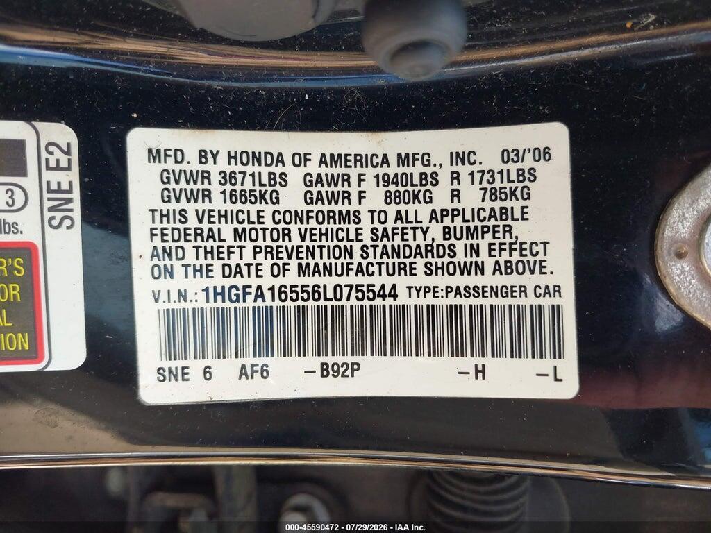 1HGFA16556L075544 2006 HONDA CIVIC photo no. 9