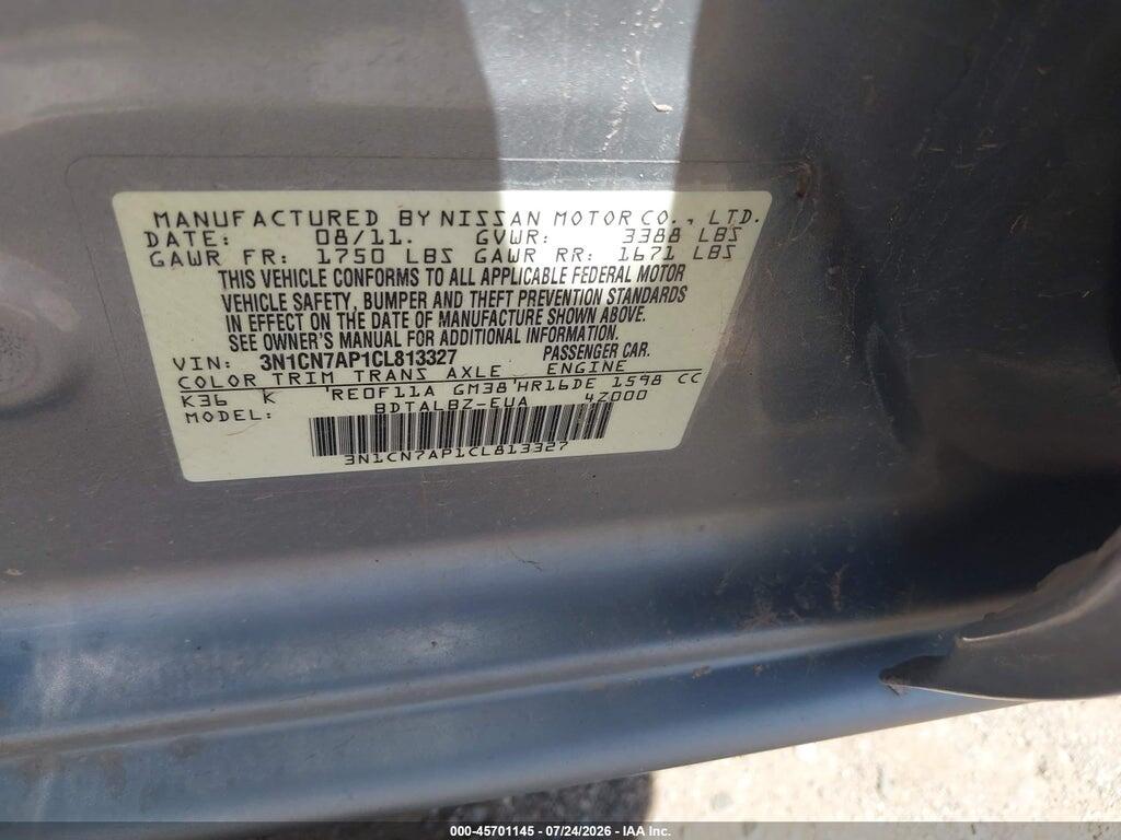3N1CN7AP1CL813327 2012 NISSAN VERSA photo no. 9