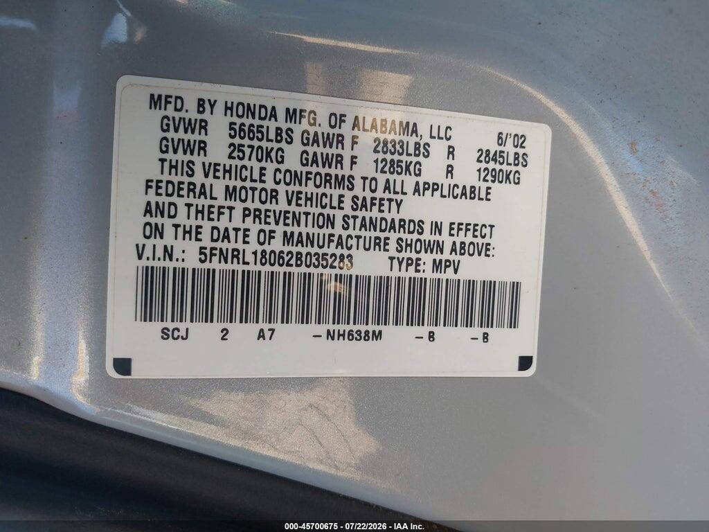 5FNRL18062B035283 2002 HONDA ODYSSEY photo no. 9