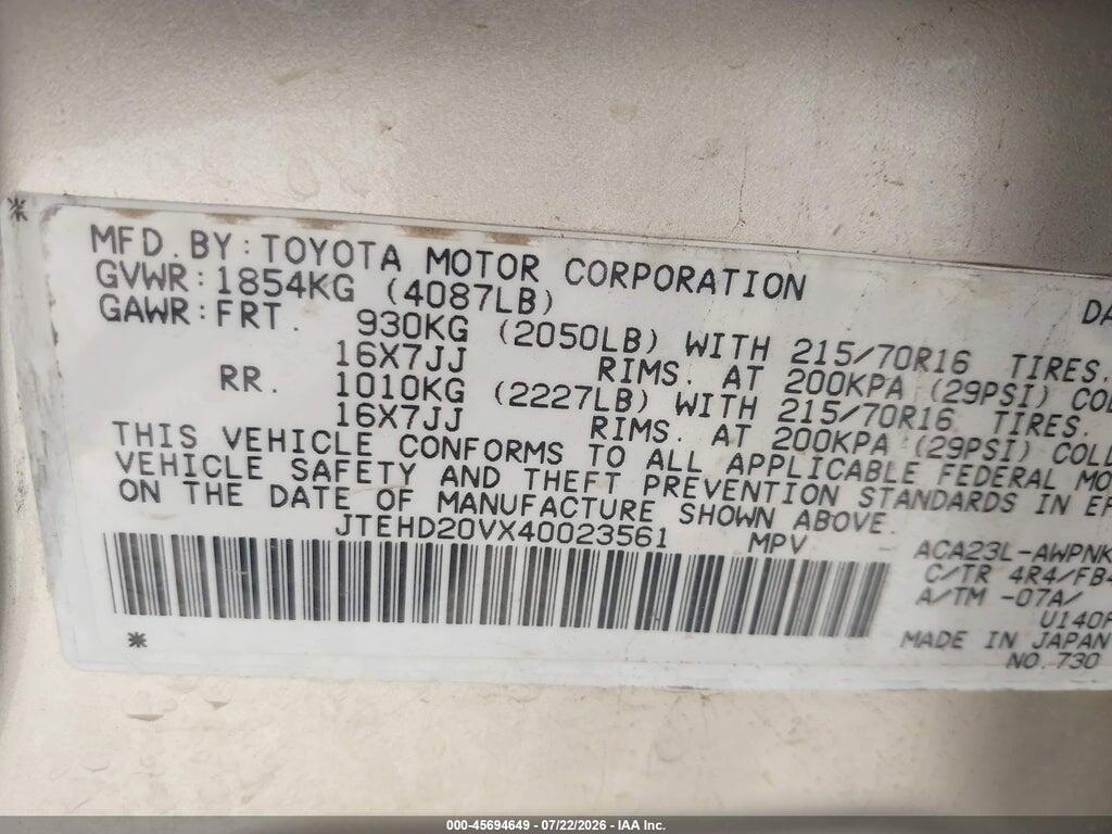 JTEHD20VX40023561 2004 TOYOTA RAV4 photo no. 9