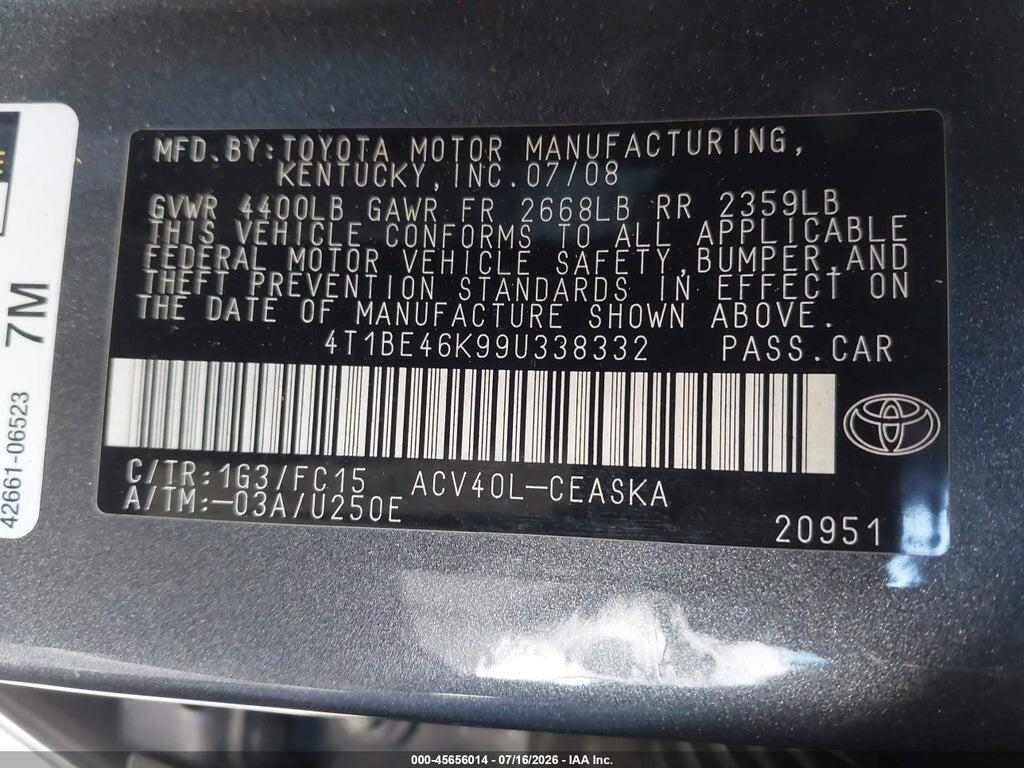 4T1BE46K99U338332 2009 TOYOTA CAMRY photo no. 9