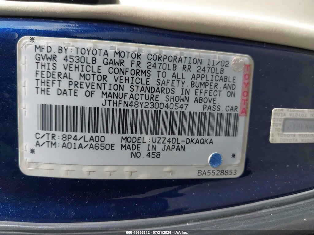 JTHFN48Y230040547 2003 LEXUS SC 430 photo no. 9