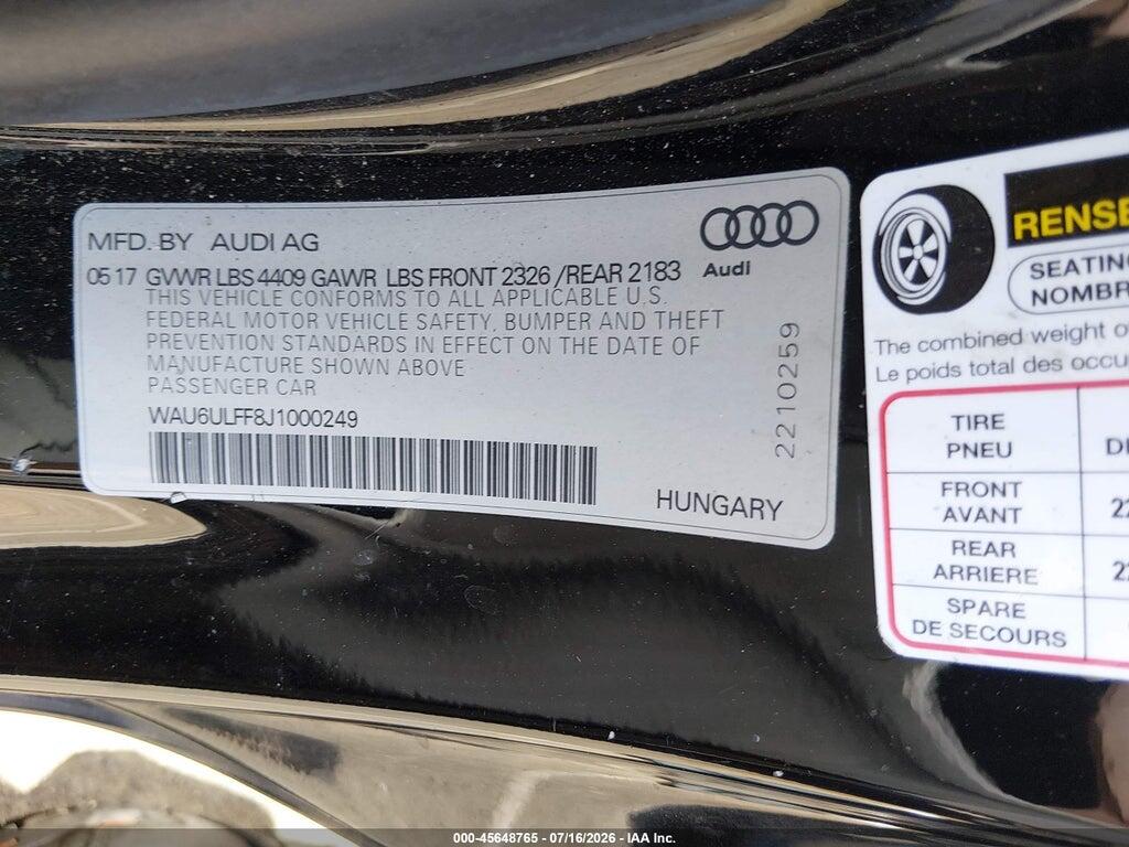 WAU6ULFF8J1000249 2018 AUDI A3 photo no. 9