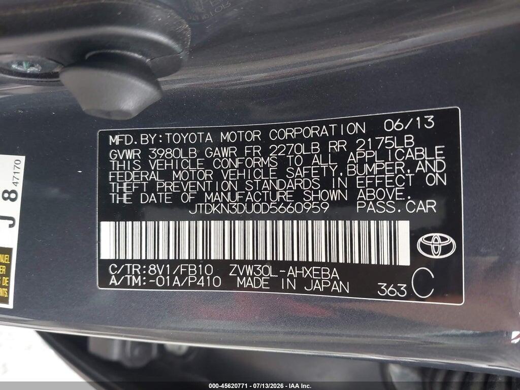 JTDKN3DU0D5660959 2013 TOYOTA PRIUS photo no. 9