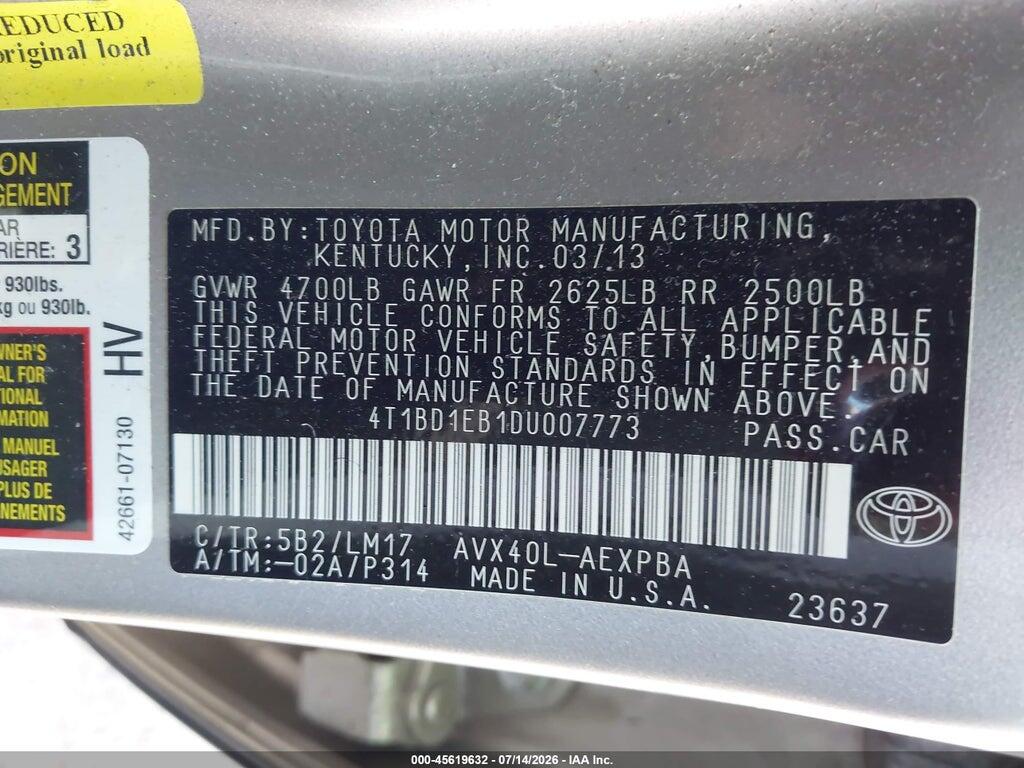 4T1BD1EB1DU007773 2013 TOYOTA AVALON HYBRID photo no. 9