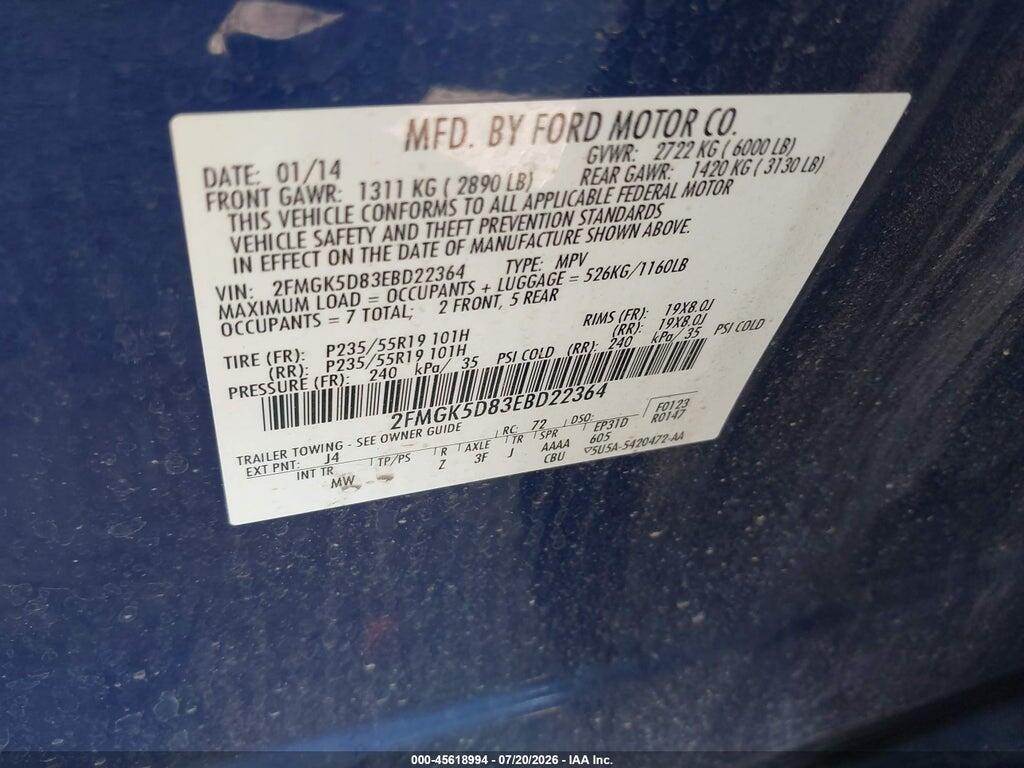 2FMGK5D83EBD22364 2014 FORD FLEX photo no. 9