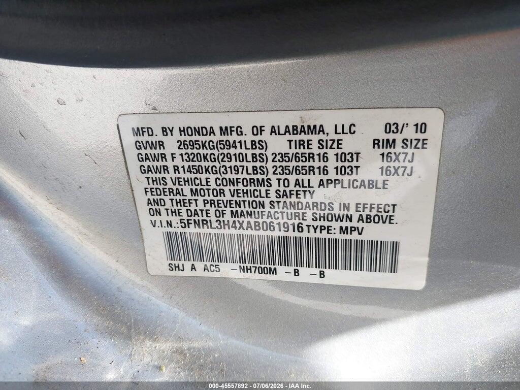 5FNRL3H4XAB061916 2010 HONDA ODYSSEY photo no. 9