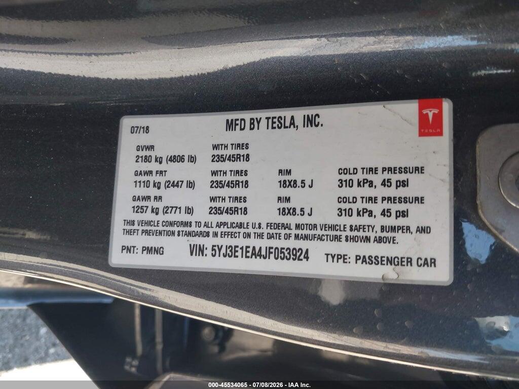 5YJ3E1EA4JF053924 2018 TESLA MODEL 3 photo no. 9