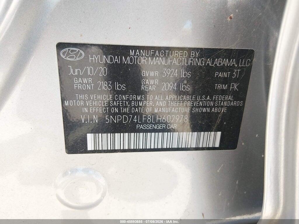 5NPD74LF8LH602978 2020 HYUNDAI ELANTRA photo no. 9