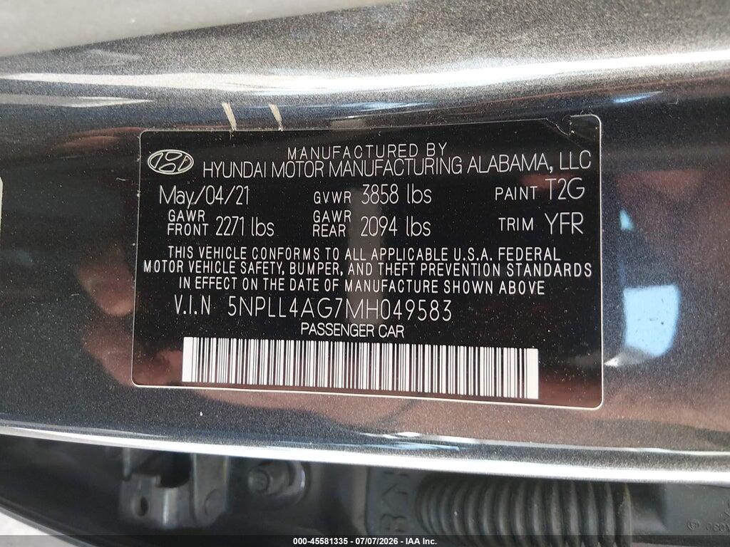 5NPLL4AG7MH049583 2021 HYUNDAI ELANTRA photo no. 9