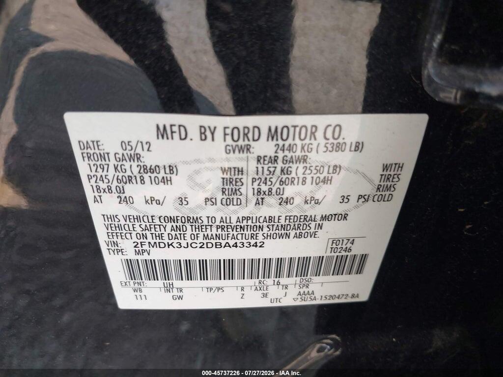 2FMDK3JC2DBA43342 2013 FORD EDGE photo no. 9