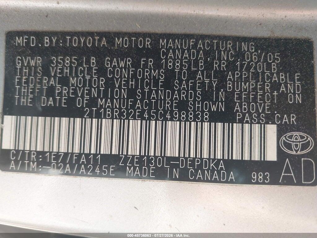 2T1BR32E45C498838 2005 TOYOTA COROLLA photo no. 9