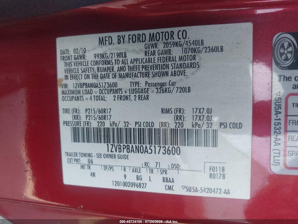 1ZVBP8AN0A5173600 2010 FORD MUSTANG photo no. 9