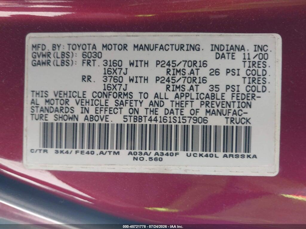 5TBBT44161S157906 2001 TOYOTA TUNDRA photo no. 9