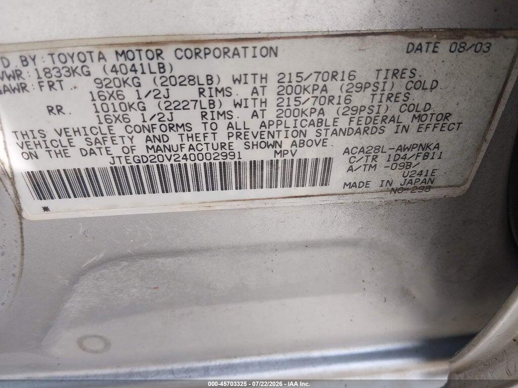 JTEGD20V240002991 2004 TOYOTA RAV4 photo no. 9