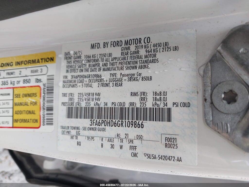 3FA6P0HD6GR109866 2016 FORD FUSION photo no. 9