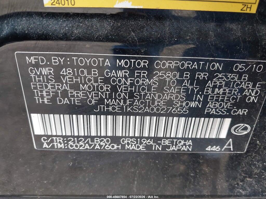 JTHCE1KS2A0027655 2010 LEXUS GS 350 photo no. 9