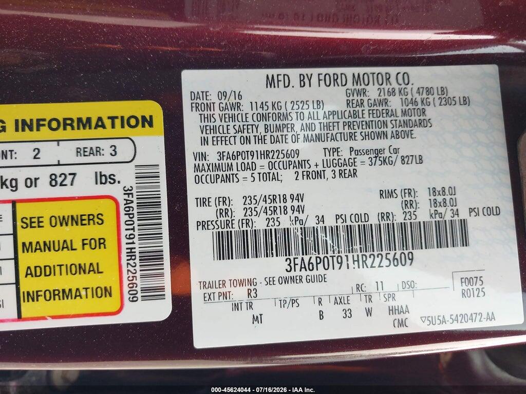 3FA6P0T91HR225609 2017 FORD FUSION photo no. 9