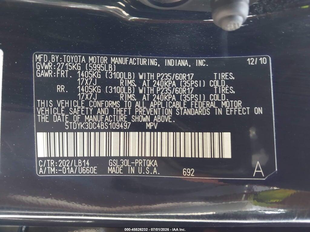 5TDYK3DC4BS109497 2011 TOYOTA SIENNA photo no. 9