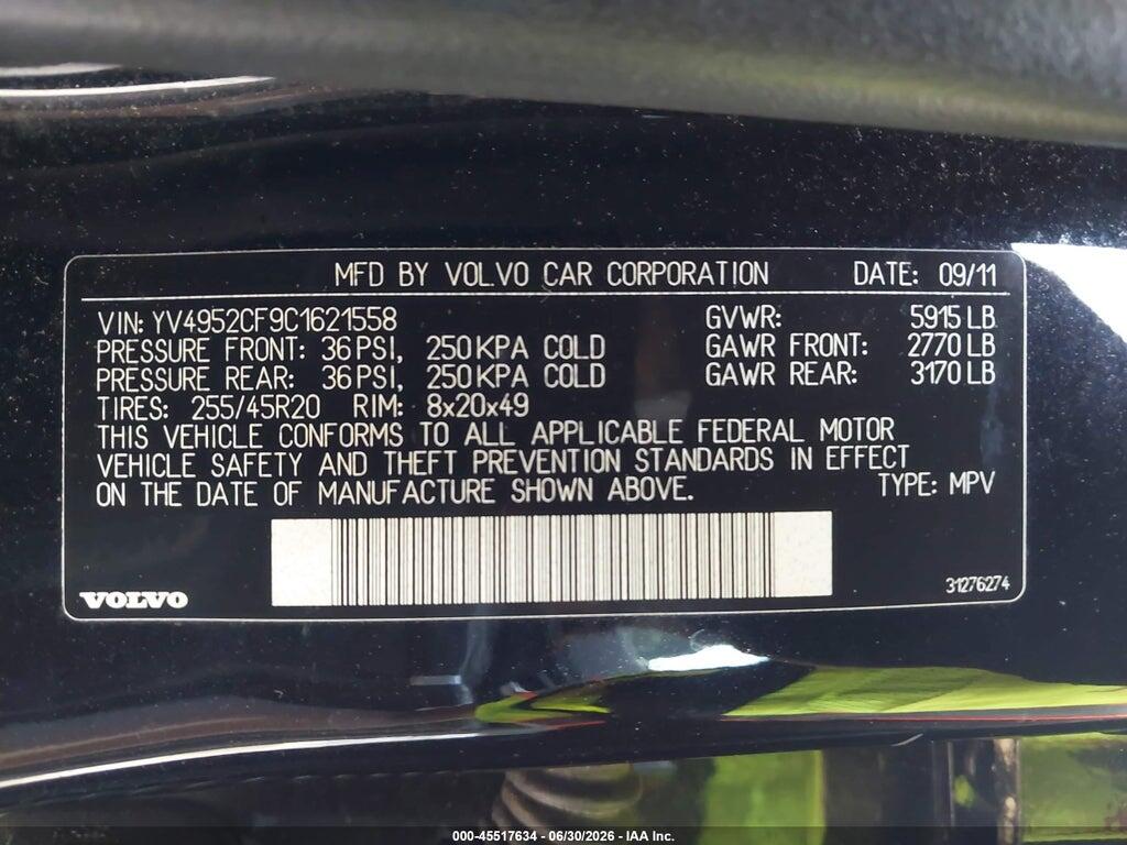 YV4952CF9C1621558 2012 VOLVO XC90 photo no. 9