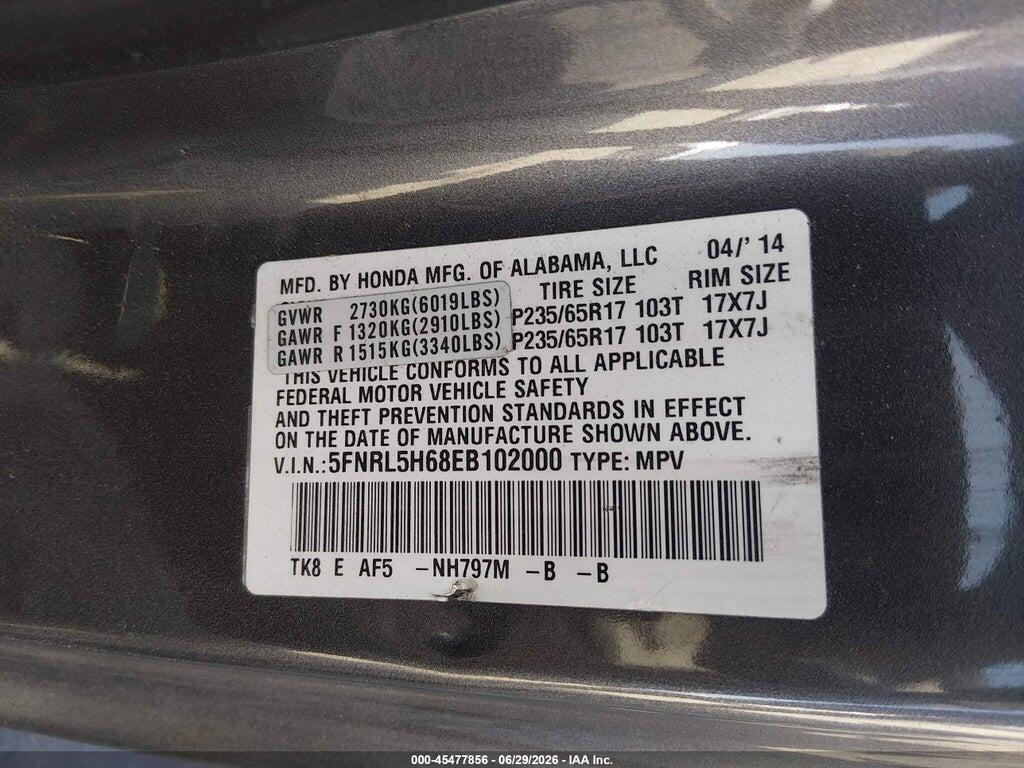 5FNRL5H68EB102000 2014 HONDA ODYSSEY photo no. 9