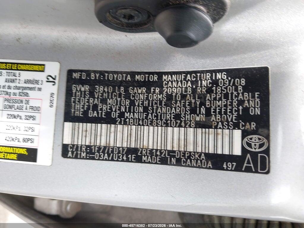 2T1BU40E89C107428 2009 TOYOTA COROLLA photo no. 9