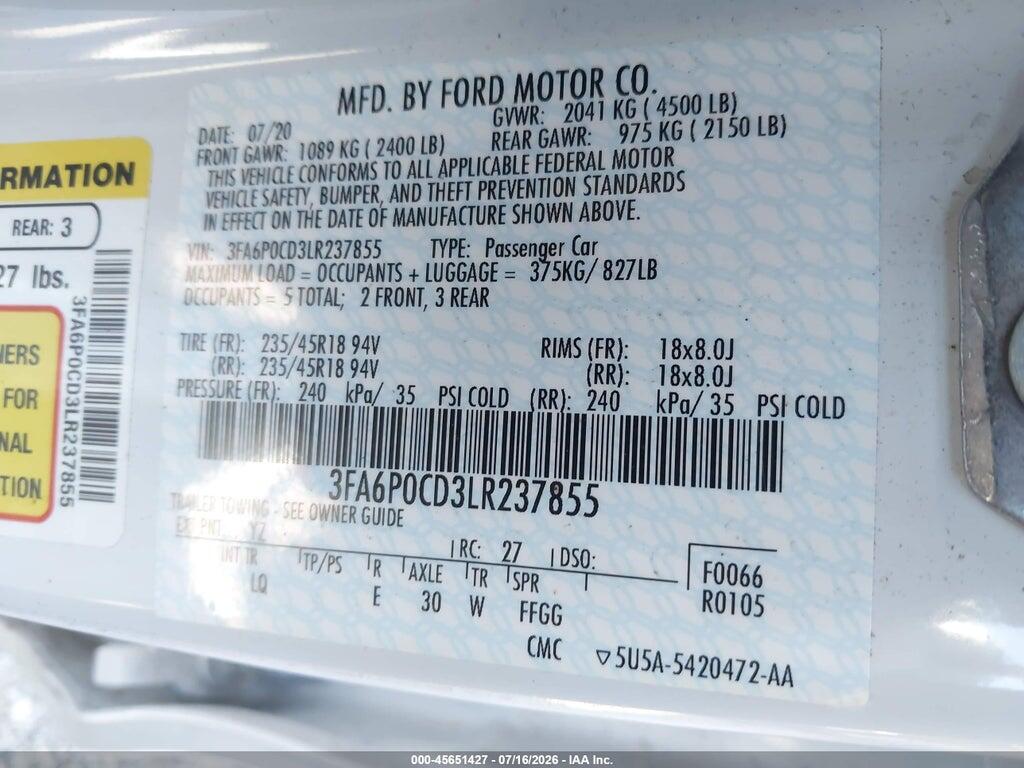 3FA6P0CD3LR237855 2020 FORD FUSION photo no. 9