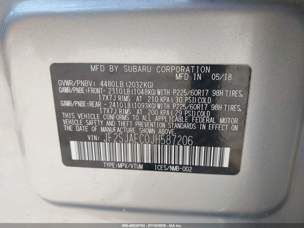 JF2SJAEC0JH587206 2018 SUBARU FORESTER photo no. 9