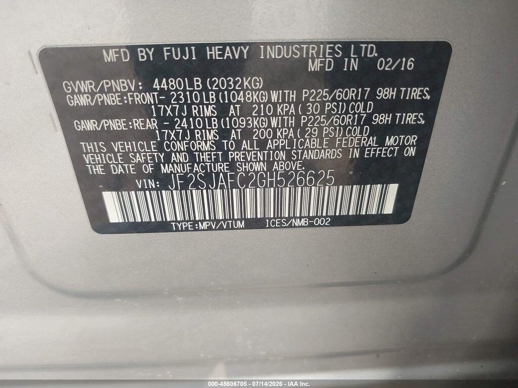 JF2SJAFC2GH526625 2016 SUBARU FORESTER photo no. 9