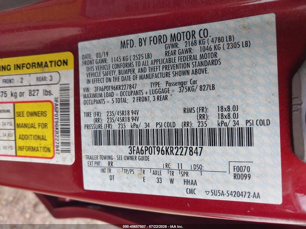 3FA6P0T96KR227847 2019 FORD FUSION photo no. 9