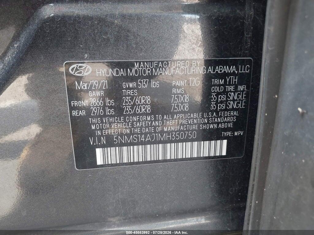 5NMS14AJ1MH350750 2021 HYUNDAI SANTA FE photo no. 9