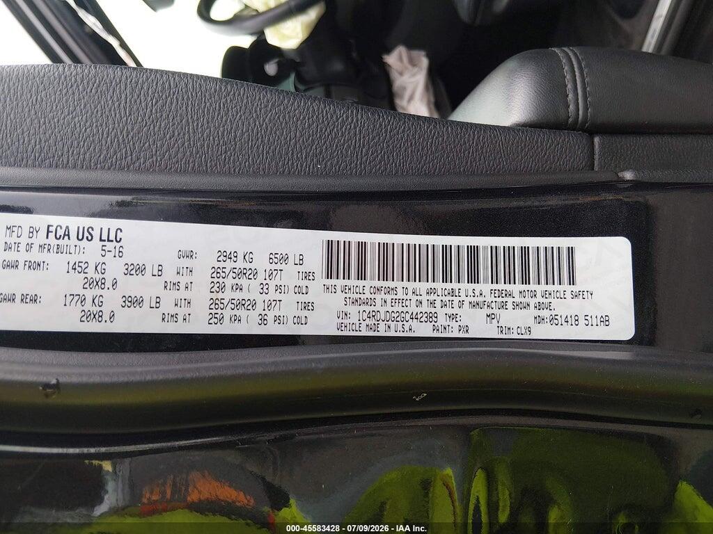 1C4RDJDG2GC442389 2016 DODGE DURANGO photo no. 9