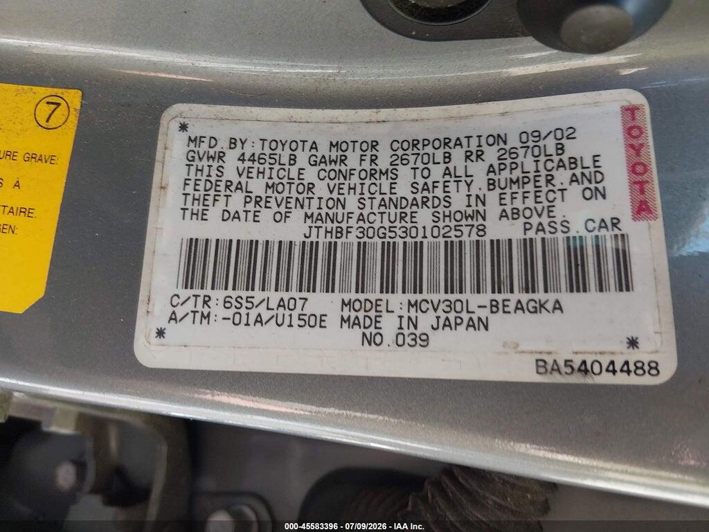 JTHBF30G530102578 2003 LEXUS ES 300 photo no. 9