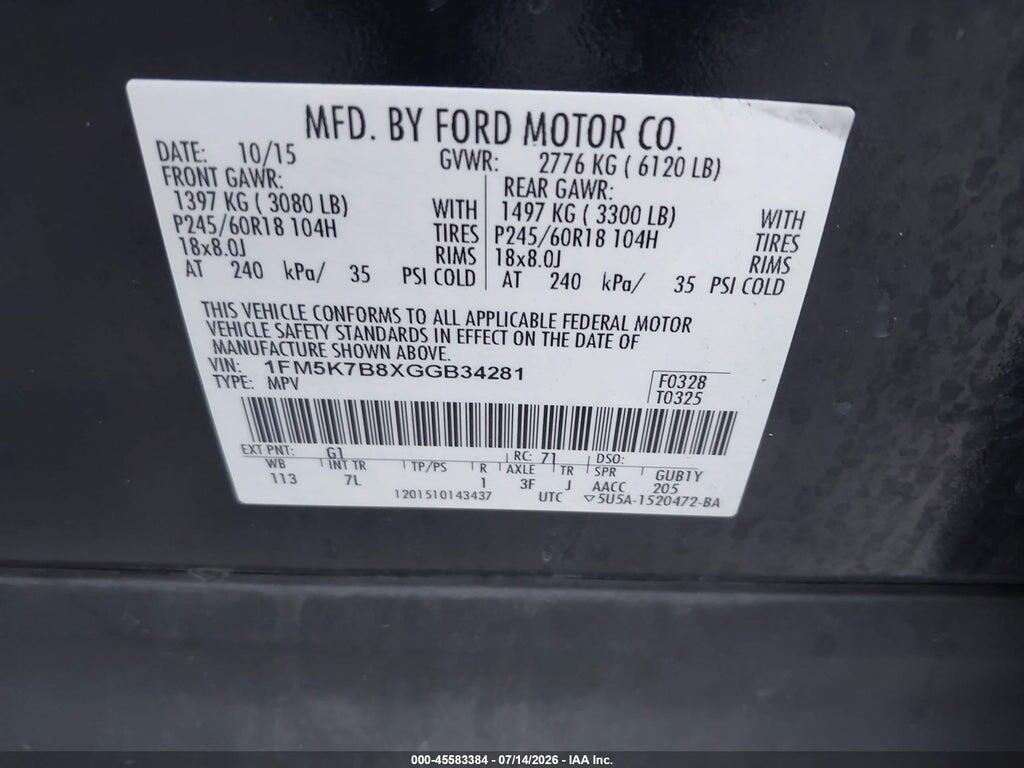 1FM5K7B8XGGB34281 2016 FORD EXPLORER photo no. 9