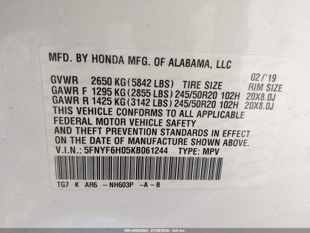 5FNYF6H05KB061244 2019 HONDA PILOT photo no. 9