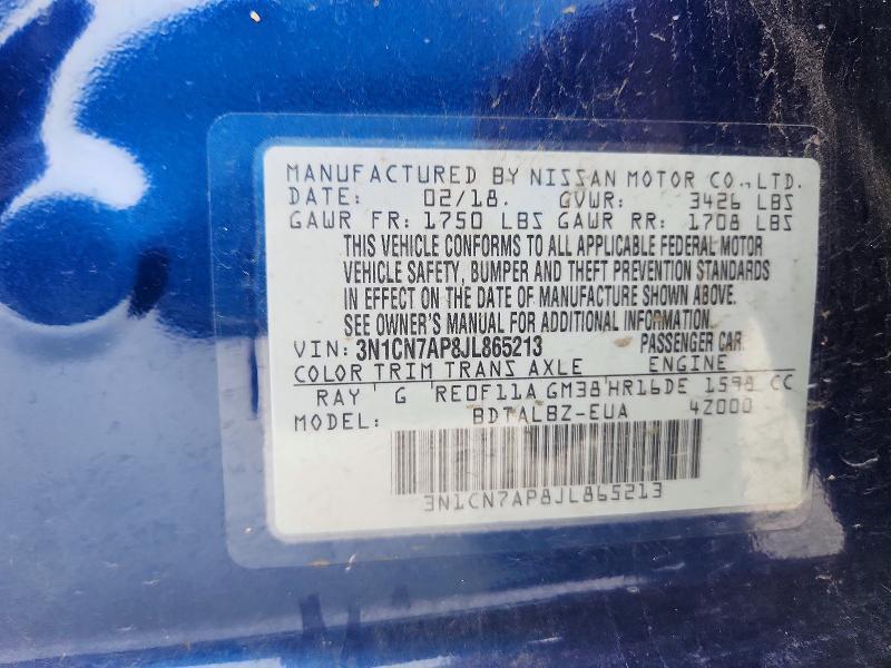 3N1CN7AP8JL865213 2018 NISSAN VERSA photo no. 12