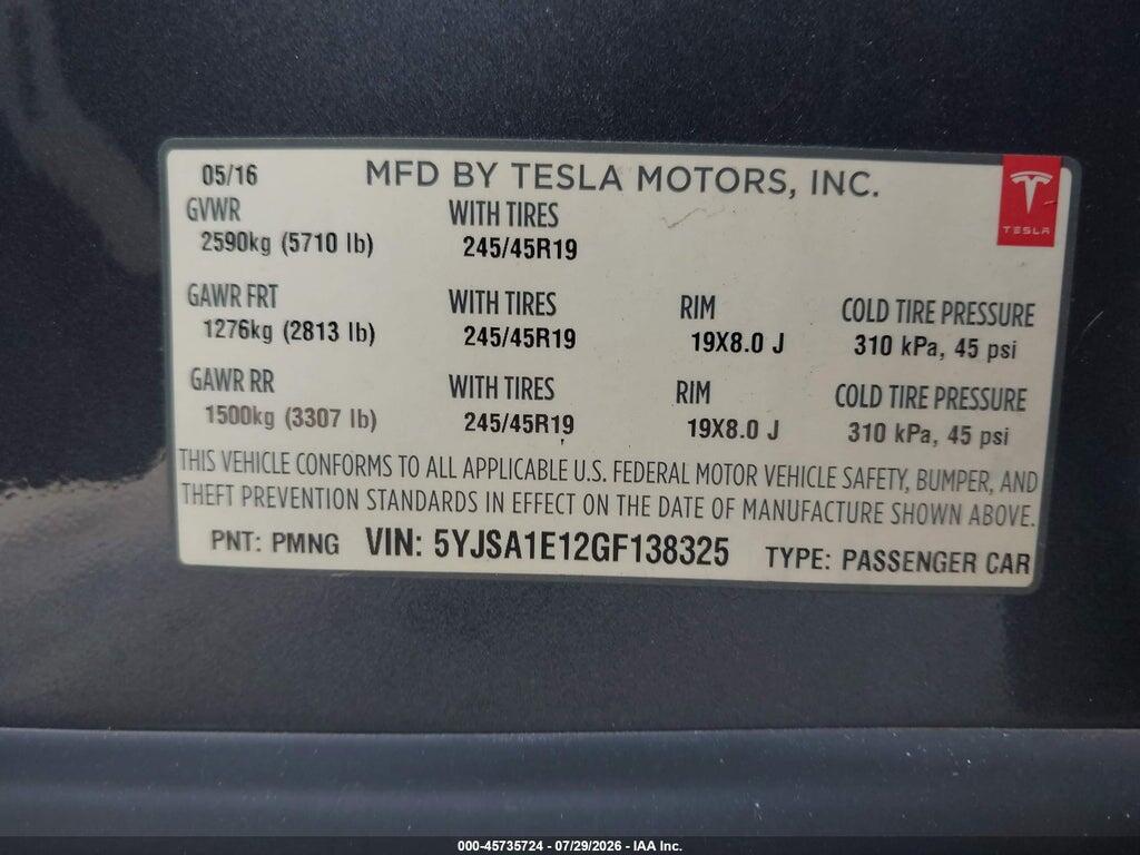 5YJSA1E12GF138325 2016 TESLA MODEL S photo no. 9