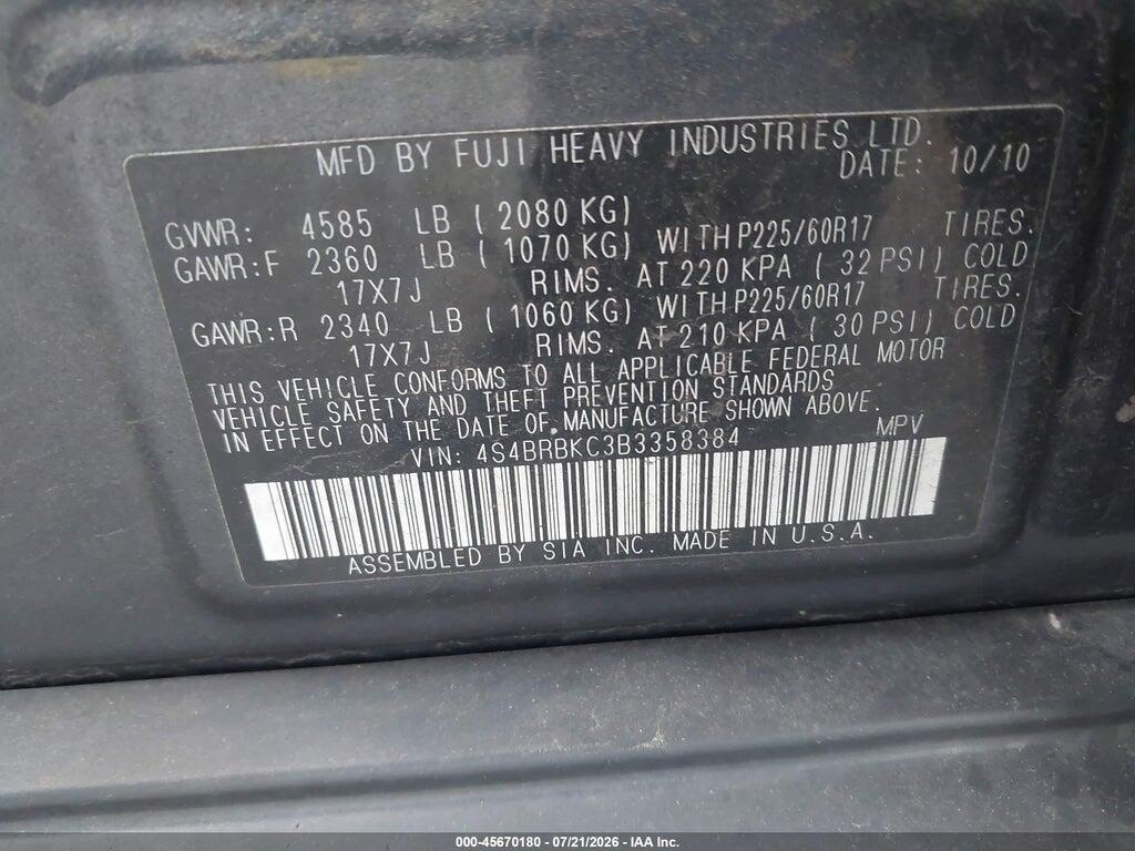 4S4BRBKC3B3358384 2011 SUBARU OUTBACK photo no. 9