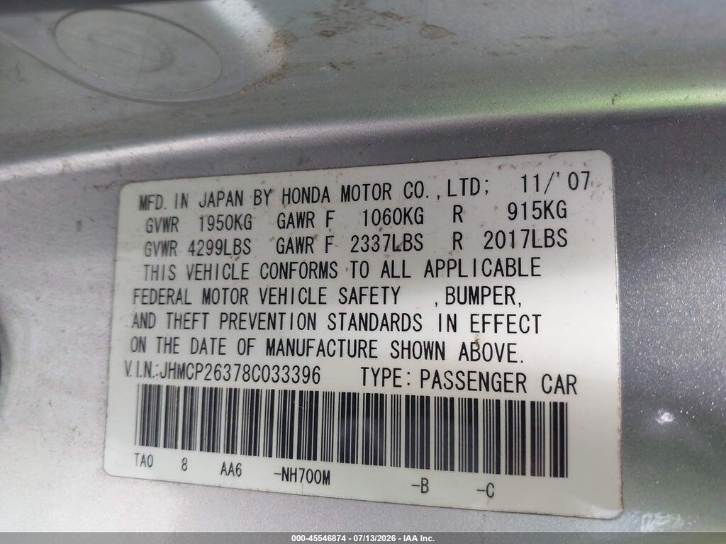 JHMCP26378C033396 2008 HONDA ACCORD photo no. 9