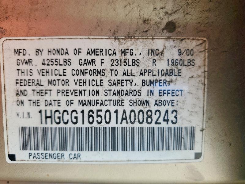 1HGCG16501A008243 2001 HONDA ACCORD photo no. 12