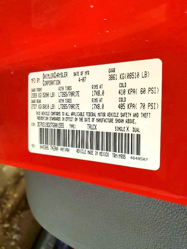 3D7KS19D27G801555 2007 DODGE RAM 1500 photo no. 12