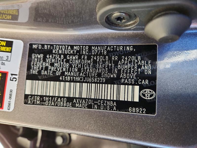 2018 TOYOTA CAMRY LE — Фото 13 из 13