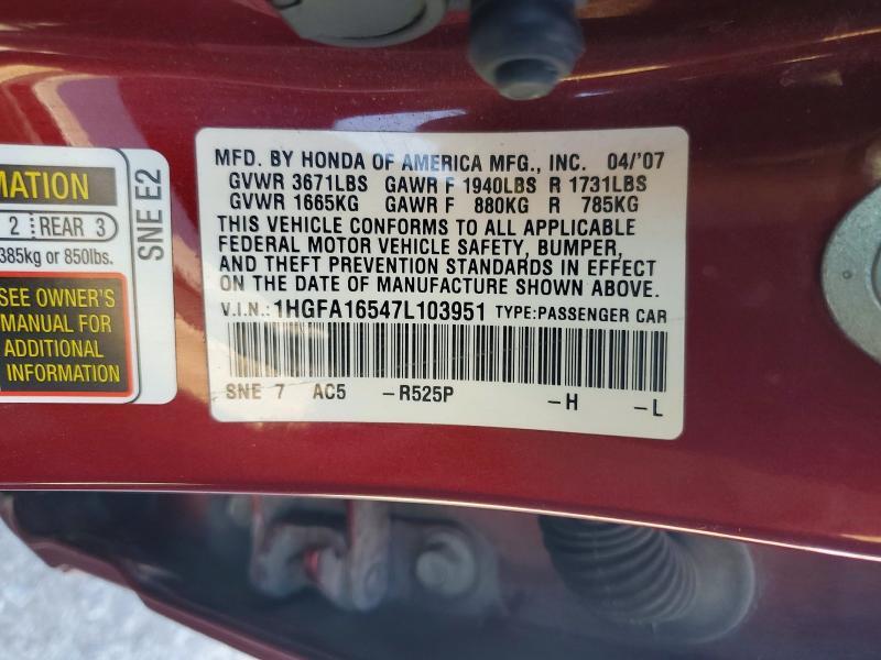 2007 HONDA CIVIC LX — Фото 12 из 12