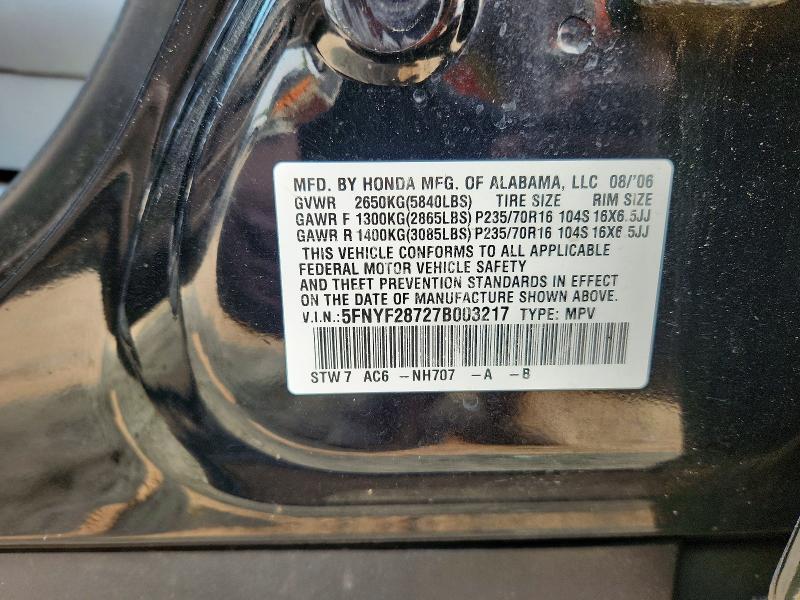 5FNYF28727B003217 2007 HONDA PILOT photo no. 12